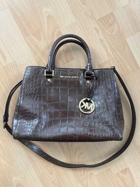 Michael Kors Dark Brown Croc-Embossed Leather Satchel with Gold Hardware